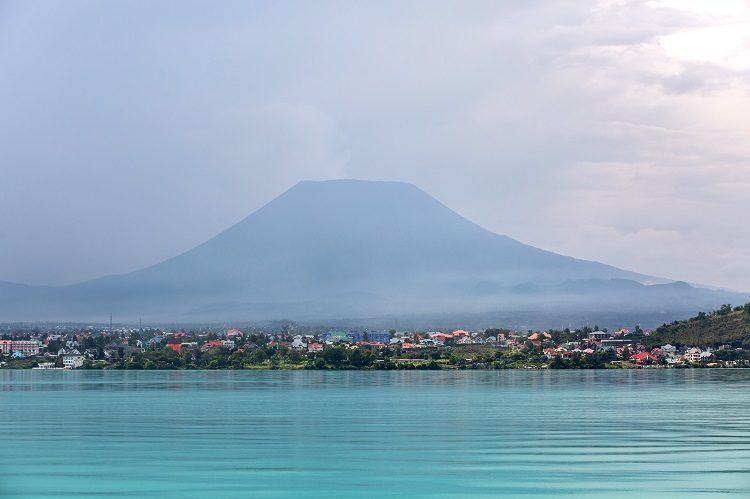 View across Lake Kivu toward the volcanic mountains near Goma, eastern DRC