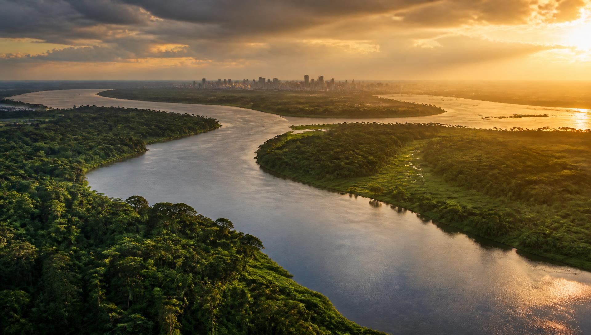 Aerial view of the Congo River at golden hour